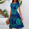 Women's Casual Fashion Round Neck Pleated Short Sleeve Floral Print A-Line Midi Dress