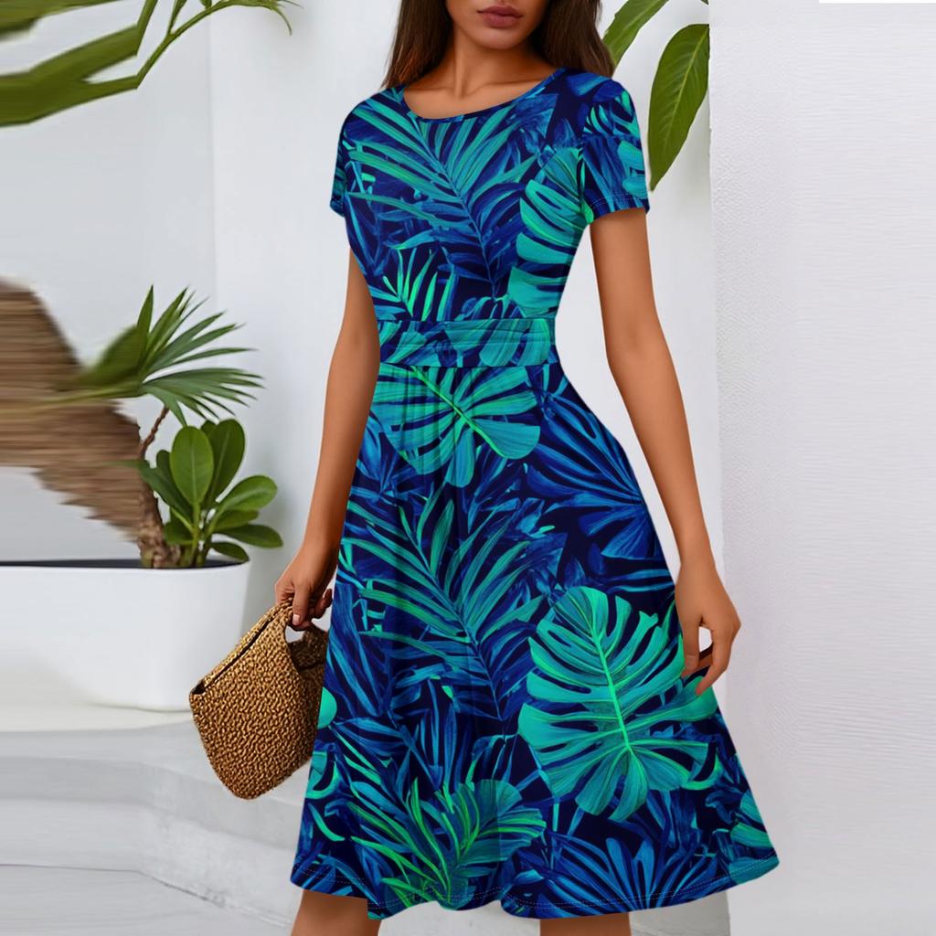 Women's Casual Fashion Round Neck Pleated Short Sleeve Floral Print A-Line Midi Dress