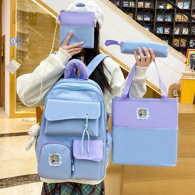 Four-Piece Backpack Set Women's Large Capacity Backpack Color Block Student Schoolbag