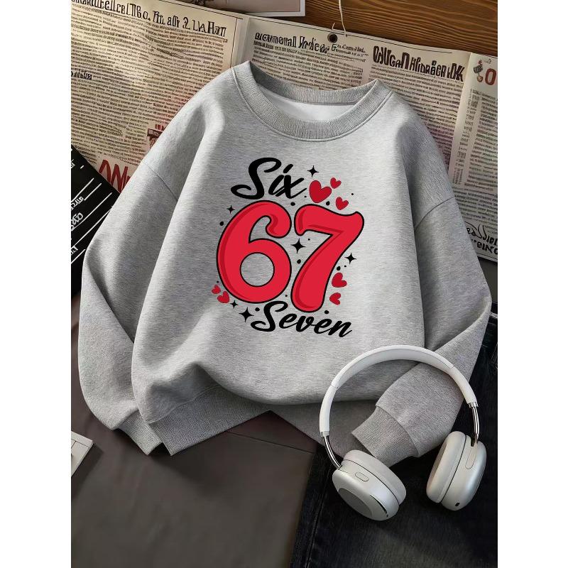 Kids Unisex Crewneck Sweatshirt, Red Heart Number 67 Six Seven Print Long Sleeve Pullover, Boys Girls Birthday Sweatshirt For Kids Over 4 Years Old