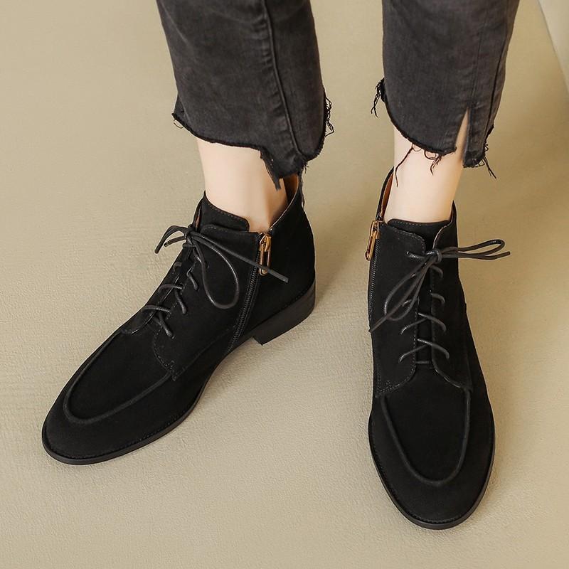 

Женские ботинки 2025 на весну-осень, из овечьей замши, с круглым носком, квадратным каблуком, базовые ботильоны, зимняя обувь, женская мода 35 чёрный