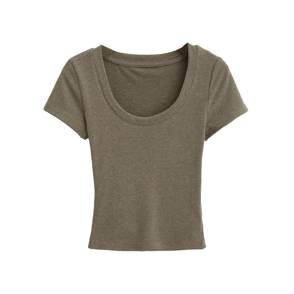 2025 Summer Slim Fit Short Sleeve Crop Top with Wide Round Neck