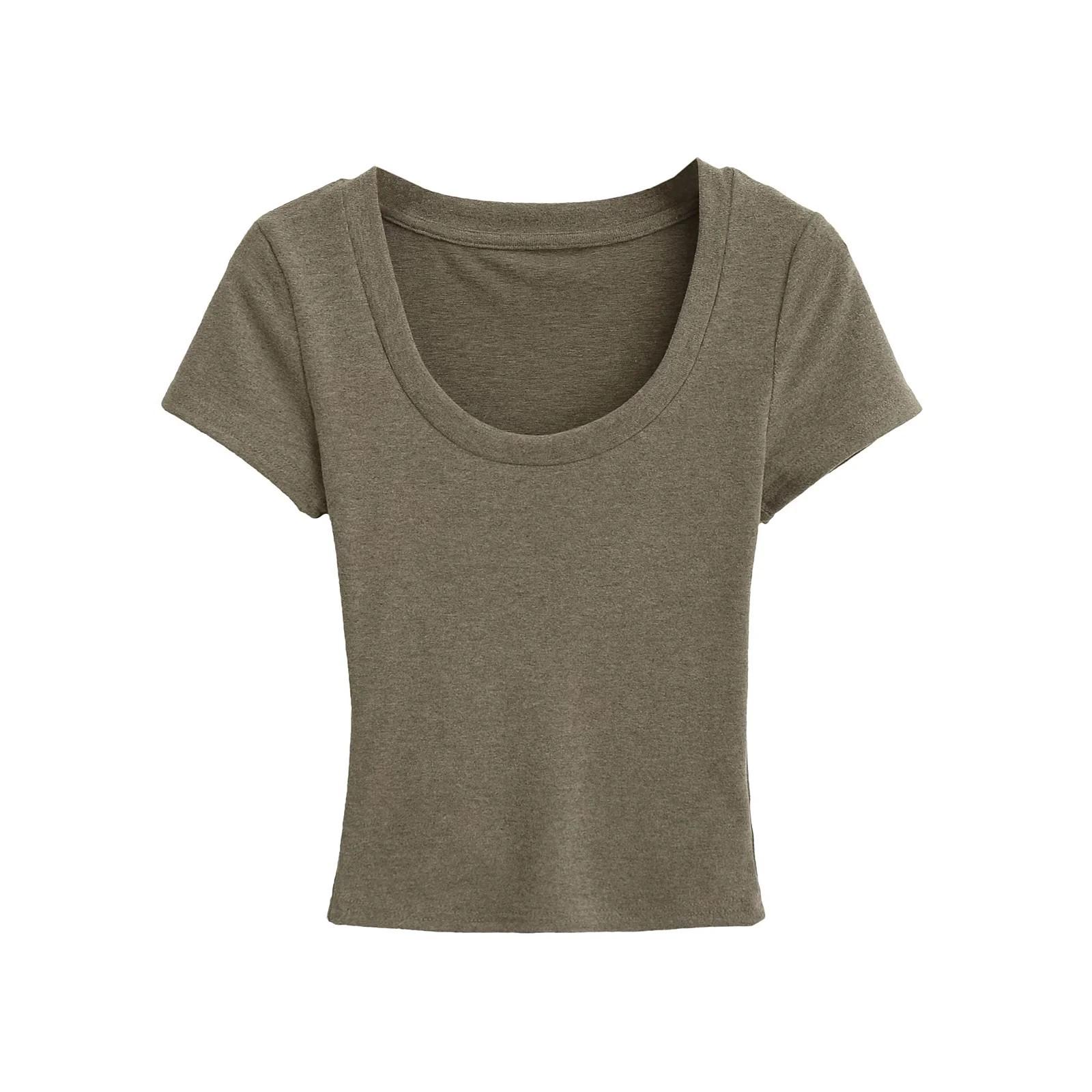 

Летний приталенный кроп-топ с короткими рукавами и широким круглым вырезом горловины Small коричневый/зелёный