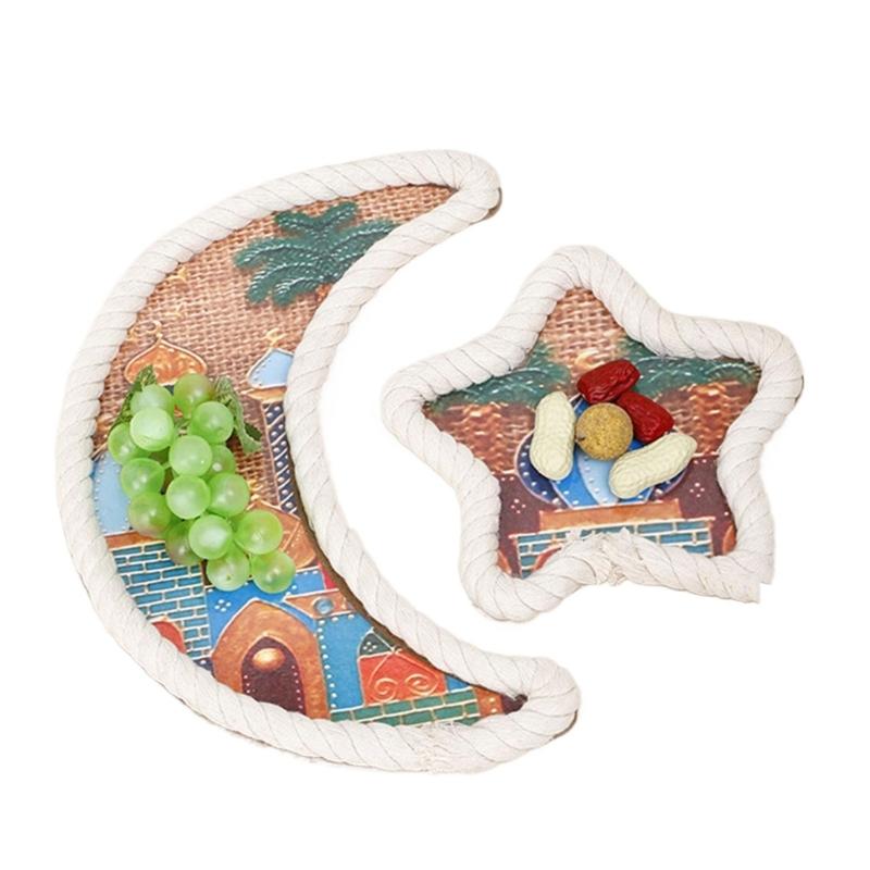 Delicate Ramadans Wood Cotton Rope Woven Trays Eid Mubarak DIY Serving Tray for Breakfast and Dessert Home Party Decors