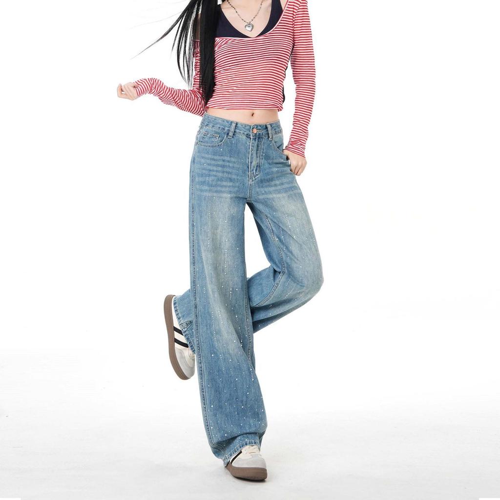 Early Spring Light Blue Narrow Full Rhinestone High Waist Non Stretch Slim Trendy Denim Pants Women Casual Pants Oversize Denim Trousers