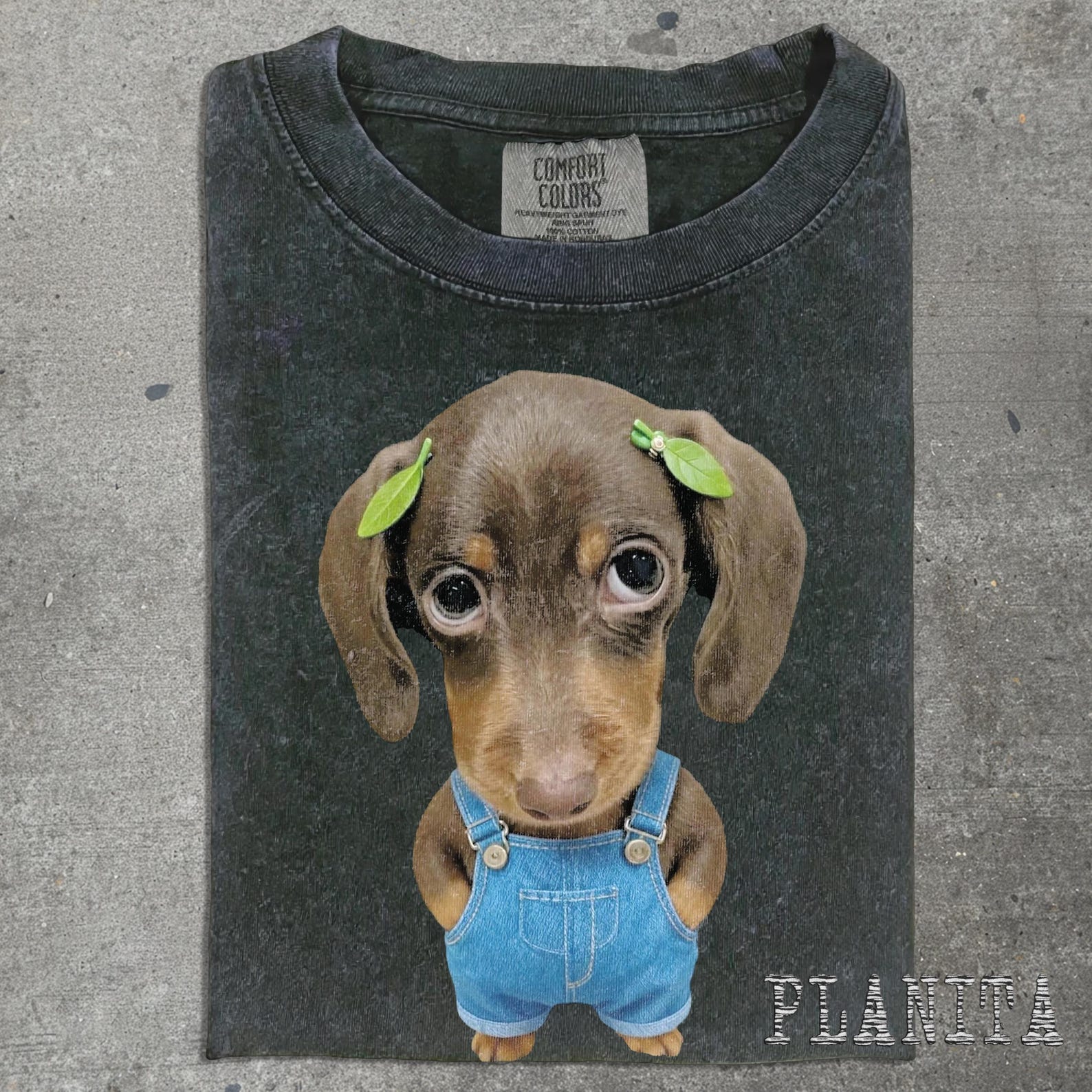 Dachshund Puppy in Overalls T-Shirt | Cute Dog Face Tee L