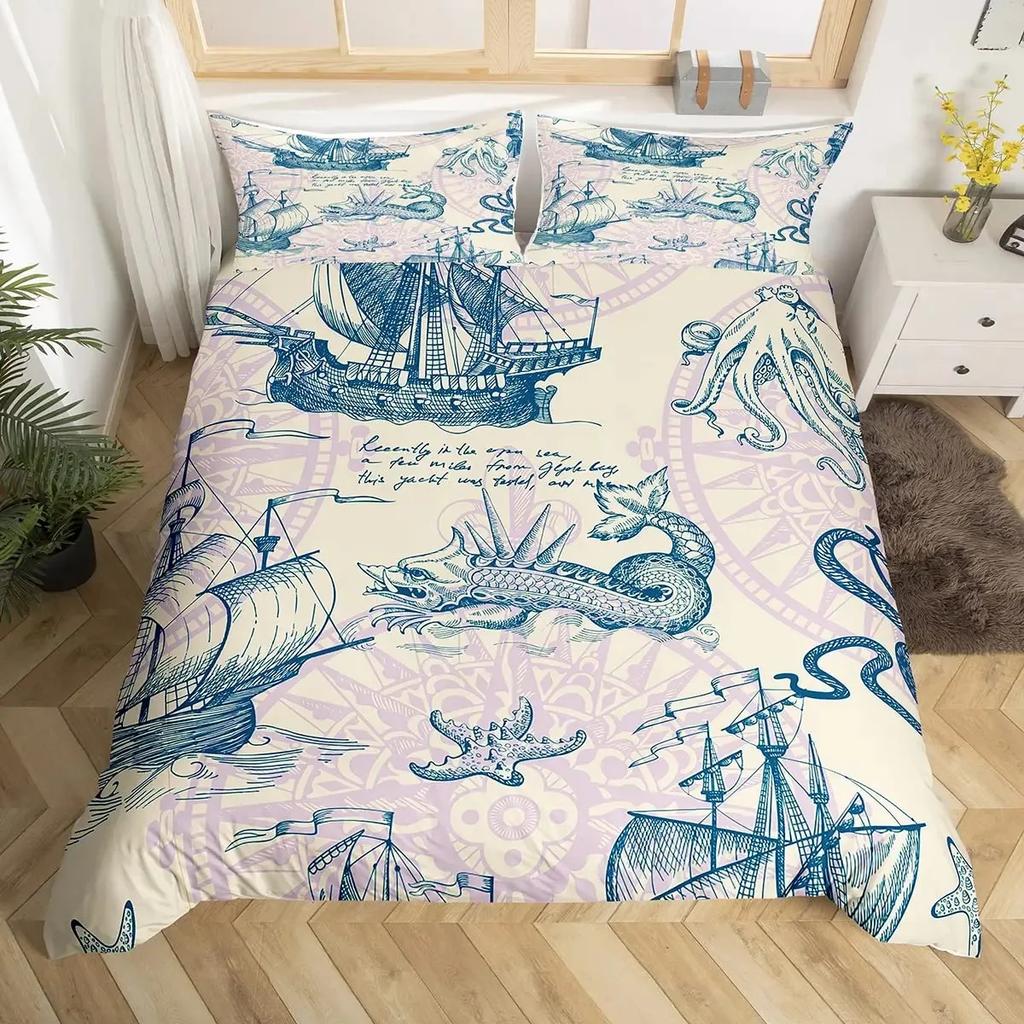 Nautical Duvet Cover Set Boat Pirate Bedding Set King Size Retro Sailboat Brown Comforter Cover Anchor Compass Vintage Quilt Set