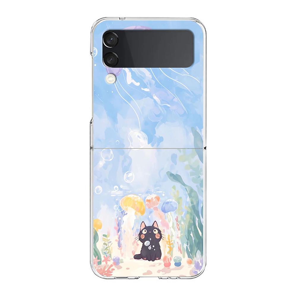 Transparent Phone Case For Samsung Galaxy Z Flip 3 4 5 6 7 Hard Folding PC Z Flip3 Flip4 Cover Protector Cat Fishing