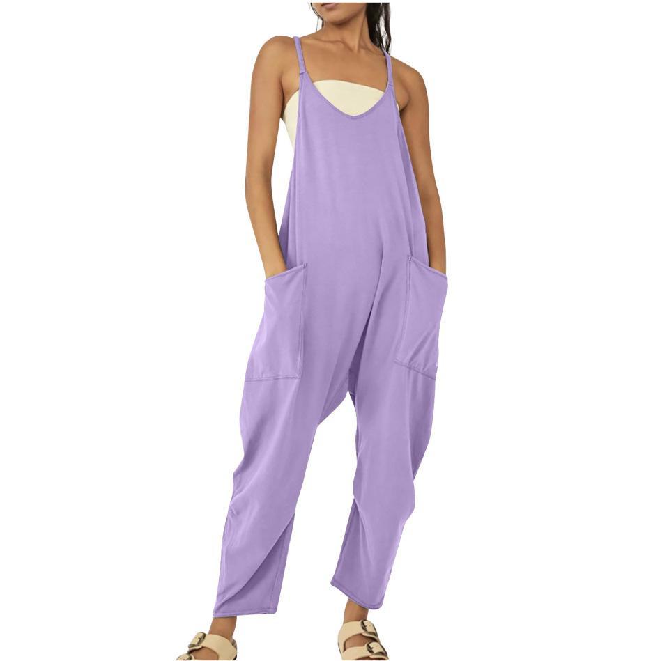 

Жіночий однотонний комбінезон на блискавці 2024 року з накладними кишенями та регульованими лямками S світло-фіолетового кольору