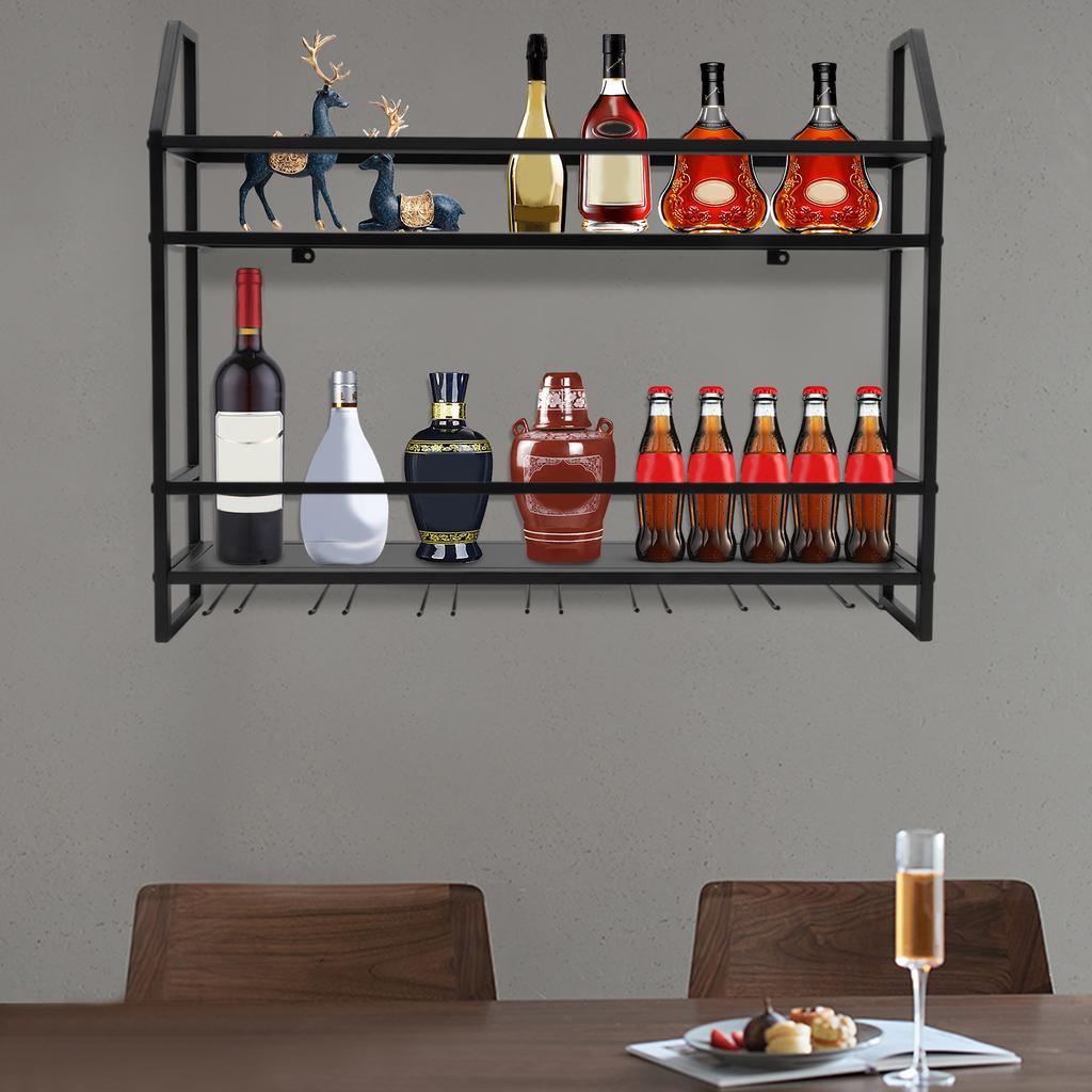 Wall Mounted Wine Rack Holder, Black Steel Frame, Modern Bar Storage Shelf With 66 lbs Load Capacity For Kitchen, Dining Room