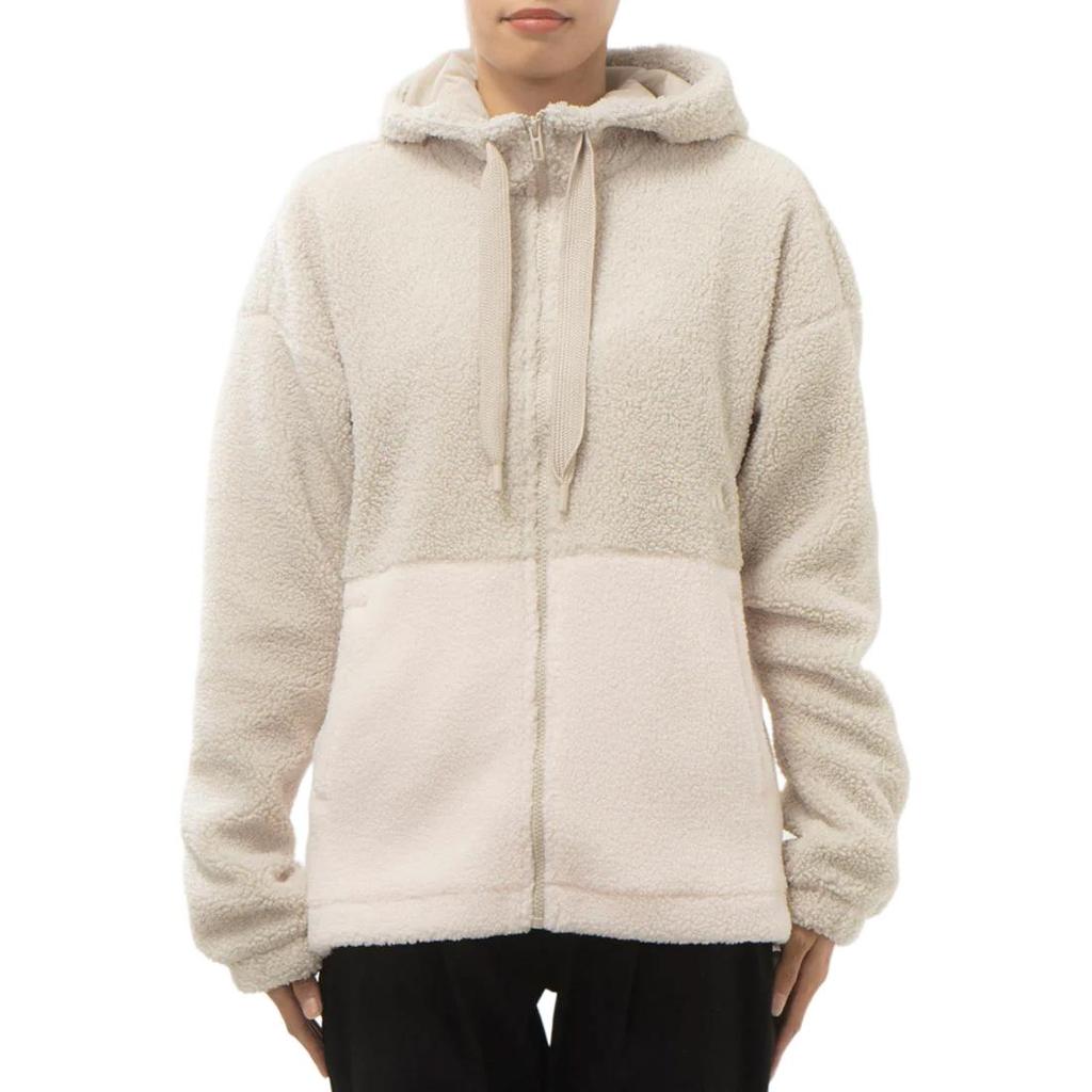 adidas Color Block Loose Fit Zip Up Hooded Drawstring Fleece Jacket Women Jackets Beige IK9863
