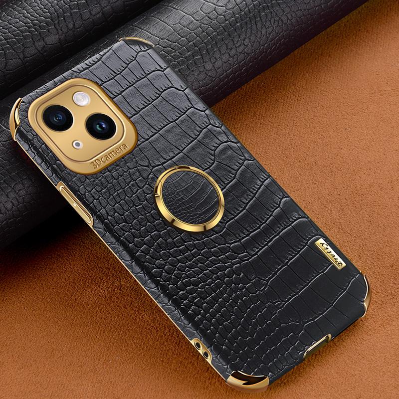 

For iPhone 14 Electroplated PU Leather Coated TPU Cover Ring Kickstand Crocodile Texture Phone Case Black