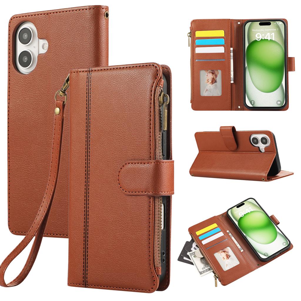 For iPhone 16 Case Multi Card Slots Zipper Leather Phone Cover with Wrist Strap