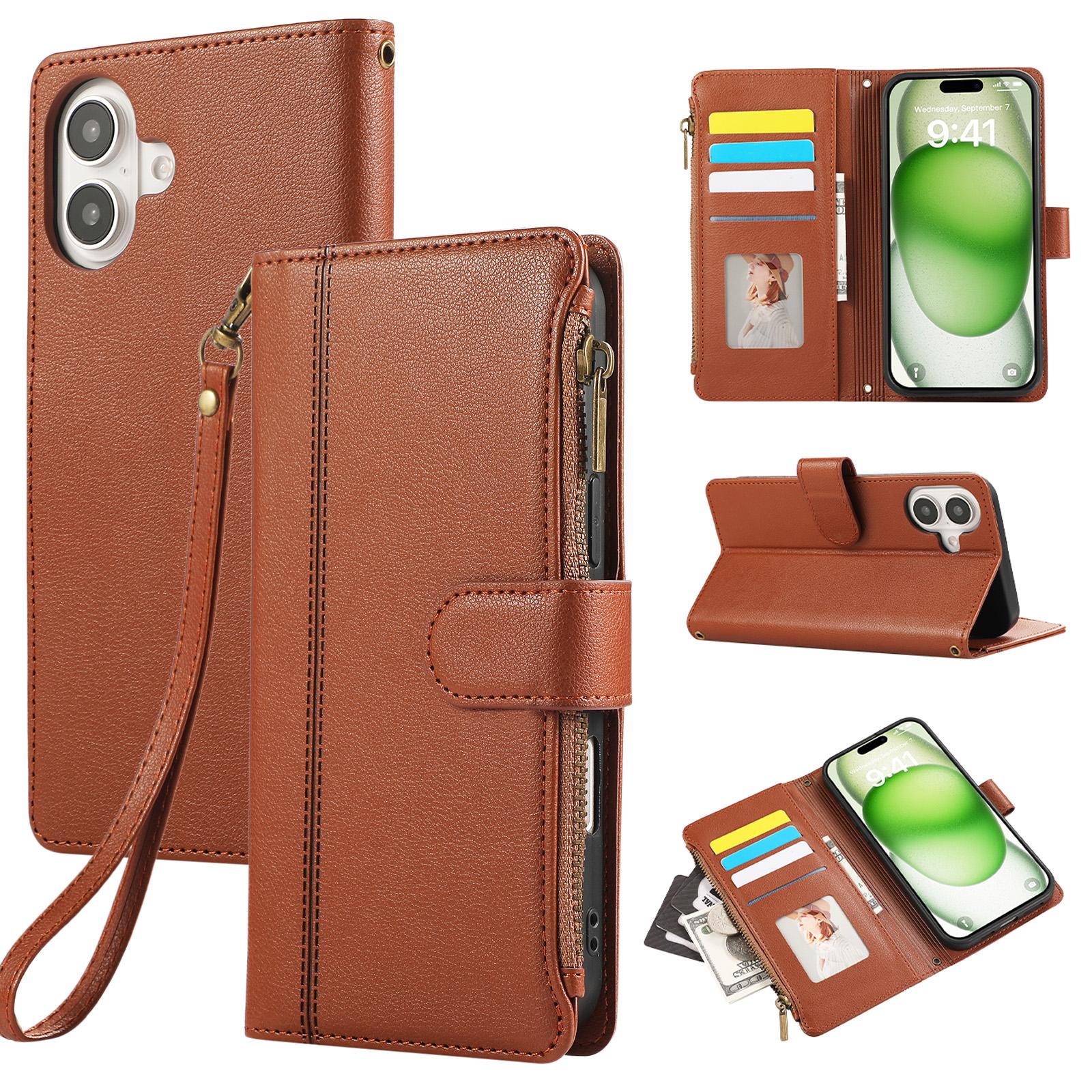 

For iPhone 16 Case Multi Card Slots Zipper Leather Phone Cover with Wrist Strap Brown
