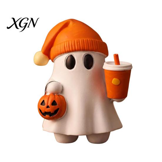 Milchtee Geist Geschenk Halloween Figur, Niedliche Lese Statue, Ornament mit Harz Sammlerstück Kürbis Eimer, Skelett Welpe Tischdeko
