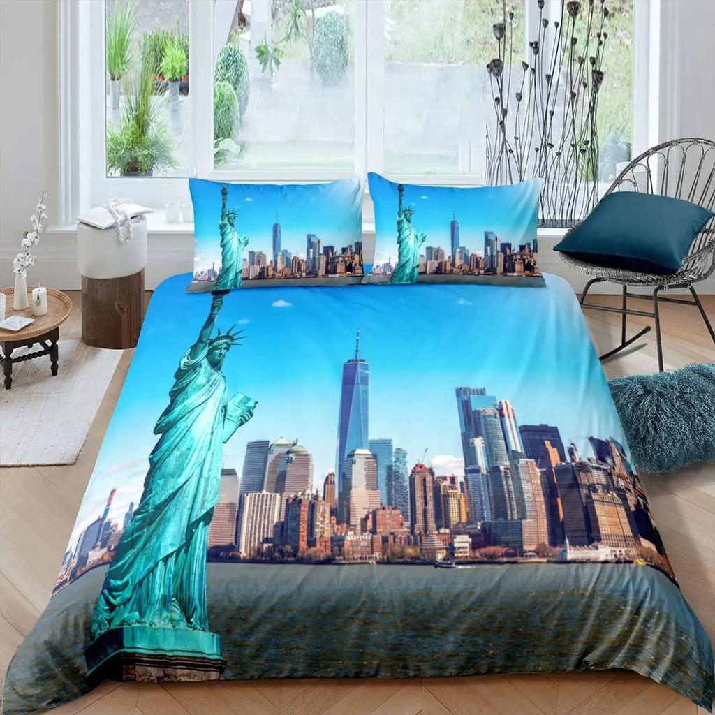 Freiheitsstatue Bettbezug-Set Weltberühmtes Gebäude Bettwäsche-Set für Jungen Mädchen Mikrofaser New York Wahrzeichen Bettdeckenbezug