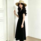 Summer elegant wind cross V-neck dignified lace-up bubble sleeve dress femininity waist A word medium and long dress