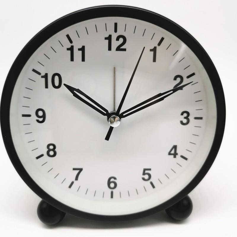 Round Alarm Clock Study Desk Alarm Clock Pointer Type Quartz Clock Bedside Table Clock Silent Metal Seat Clock