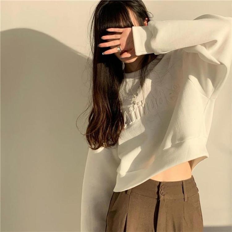 High Waist Women Sweatshirt Short Long Sleeve Solid Color Top