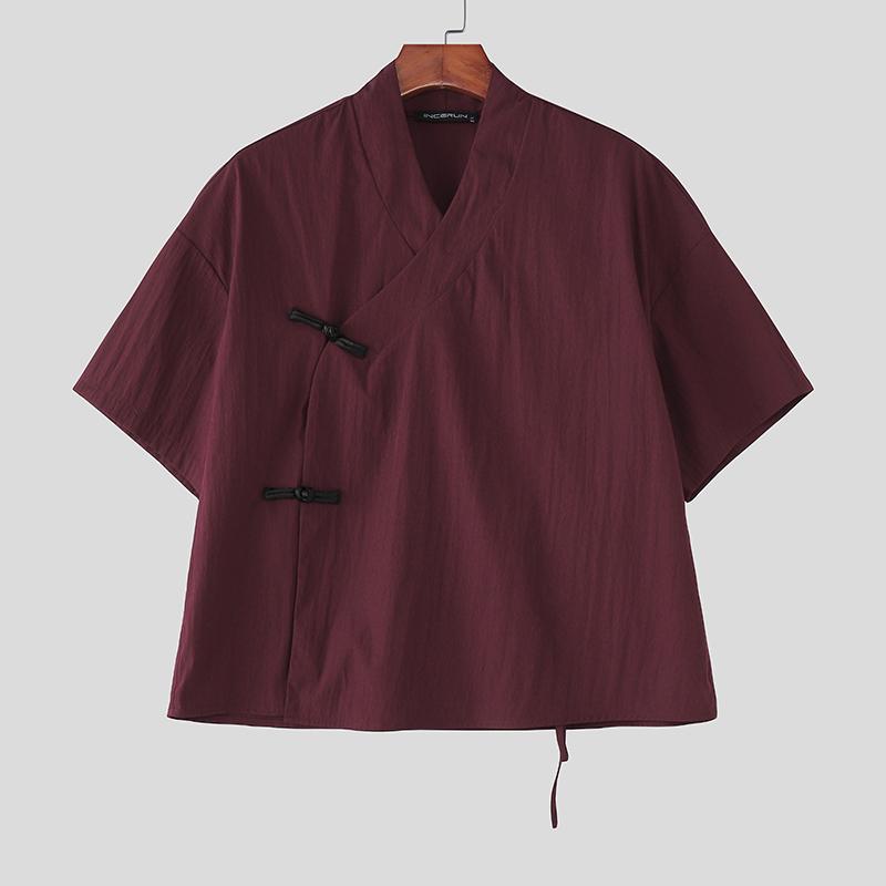 INCERUN Camicie Casual Estive Oversize da Uomo con Scollo a V a Maniche Corte Nodo Retro Top