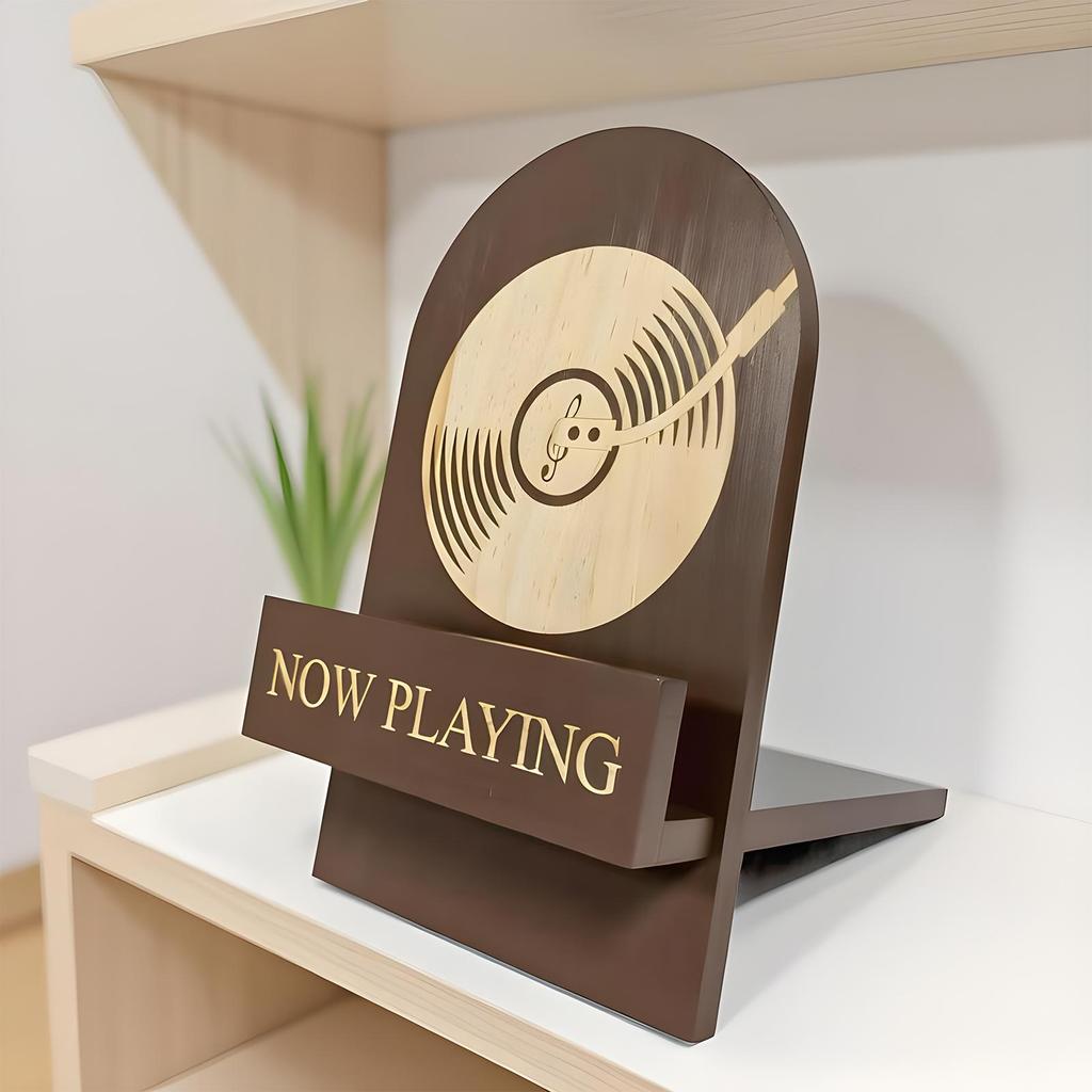 Wooden Record Stand Rotating Vinyl Record Storage Rack Vintage Decorative Album Display Holder With "Now Playing" Logo