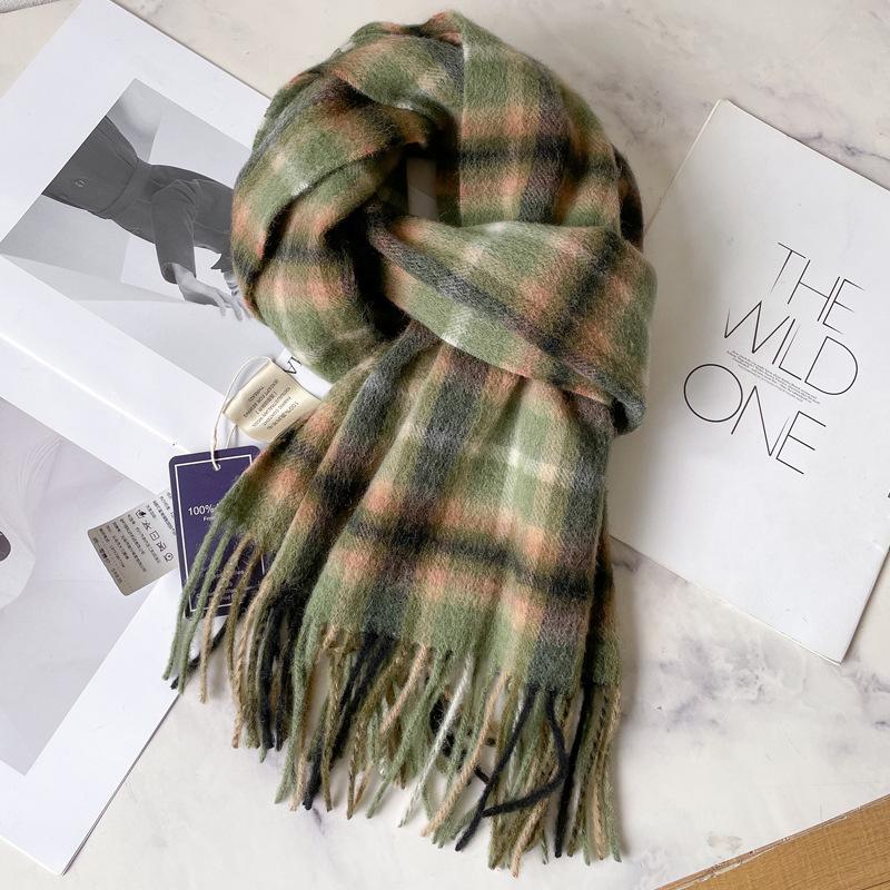 Green Pure Wool Plaid Thickened Warm Scarf Men's and Women's New Winter Couple Scarf Advanced Sense