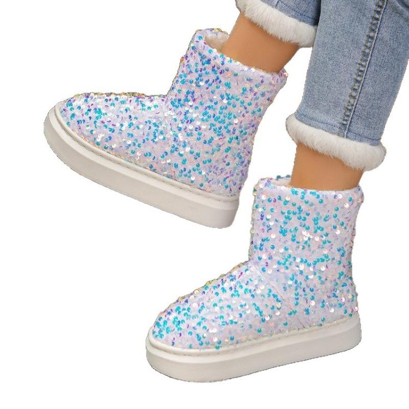 Large size thick-soled warm snow boots for women's winter new velvet thickened sequins comfortable outer wear casual cotton boots
