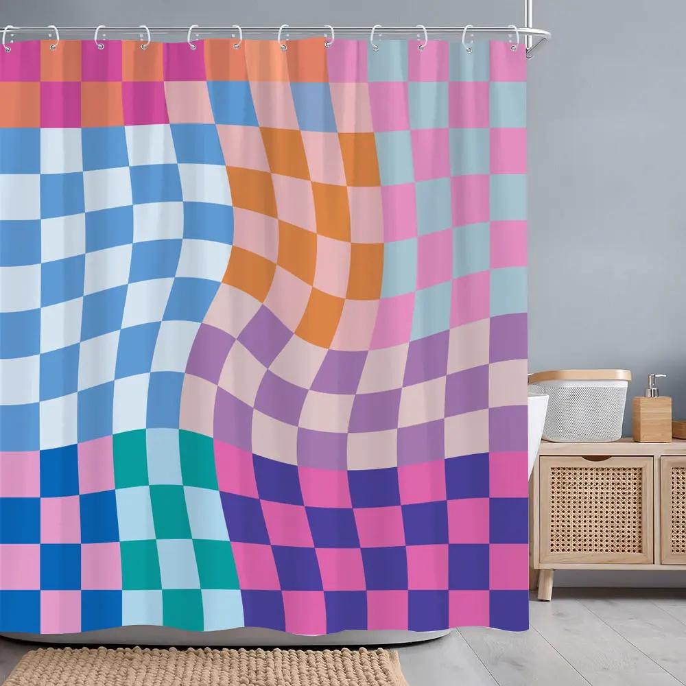 Abstract Geometric Line Square Graphic Shower Curtain Colourful Grid Polyester Fabric Shower Curtains Bathroom Decor with Hooks