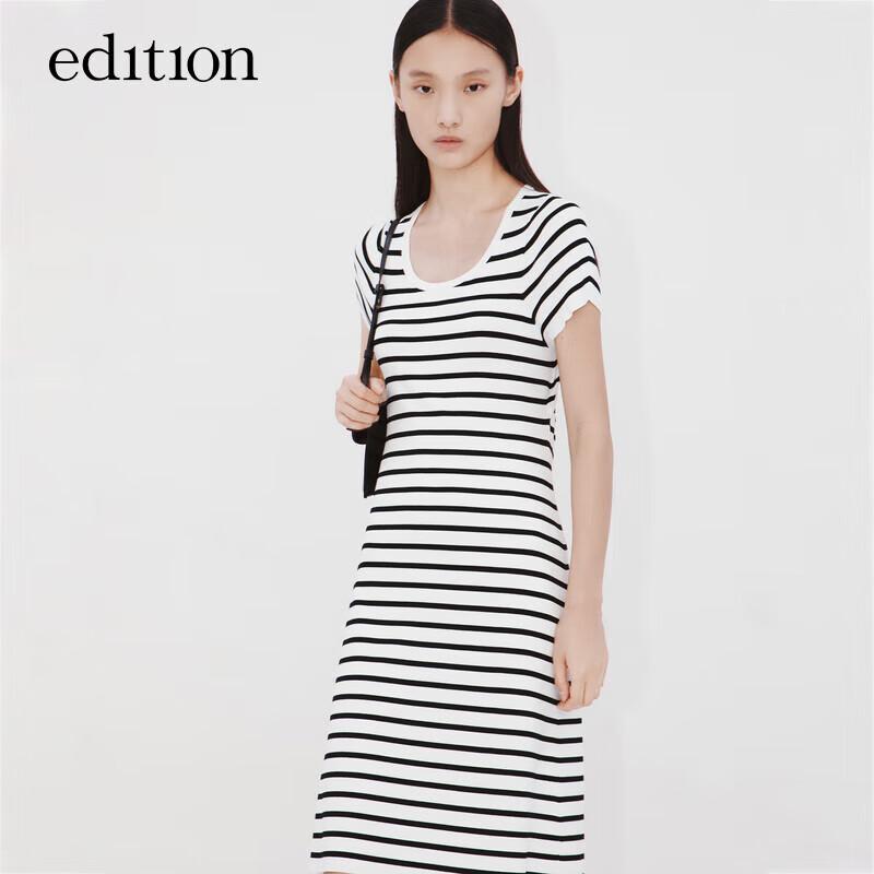 EditionE+ Striped Knit U-Neck Backless Short Sleeve Dress