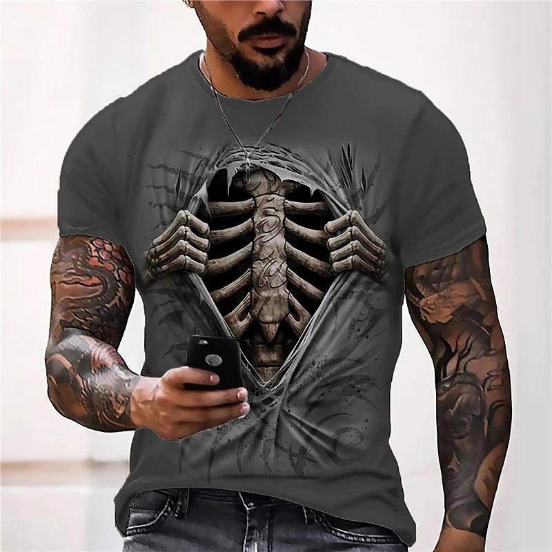 Černé tričko Lebka Pánské Punk Tričko Lebka Rock Gun Modré tričko Tričko s 3D potiskem Retro gotické pánské oblečení letní top