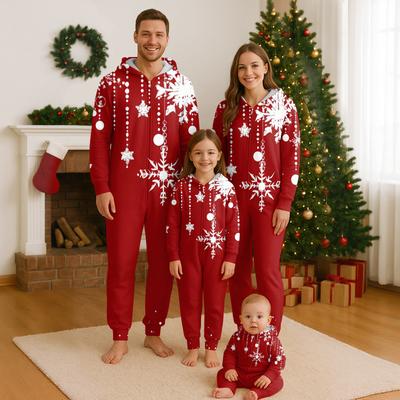 Christmas Print Family Matching Hooded Long Sleeved Zippered Jumpsuit Set