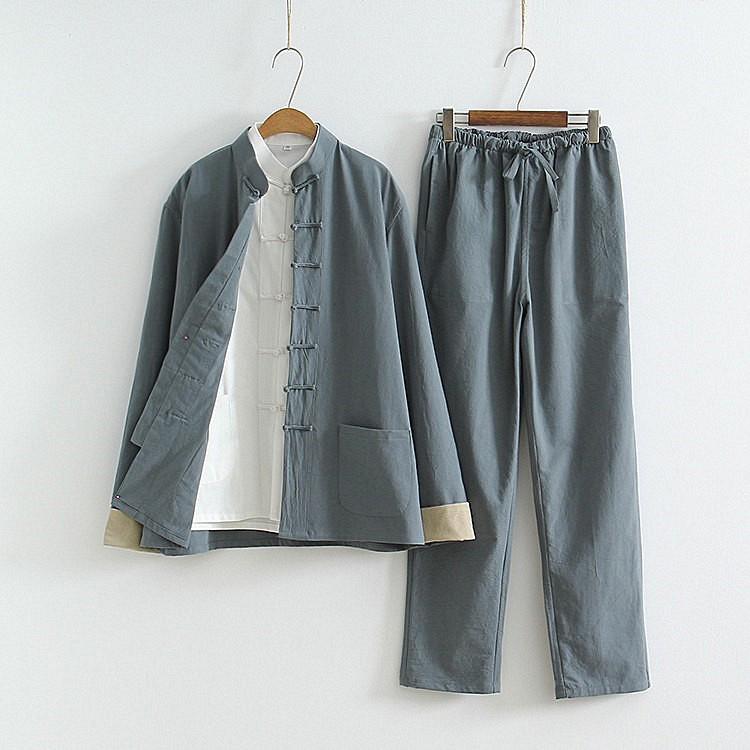 Herren Chinesischer Tang-Anzug: Frühlings-/Herbst-Baumwoll-Leinen-Set mit Froschknöpfen - Retro Mönch Teezeremonie Hanfu Robe.