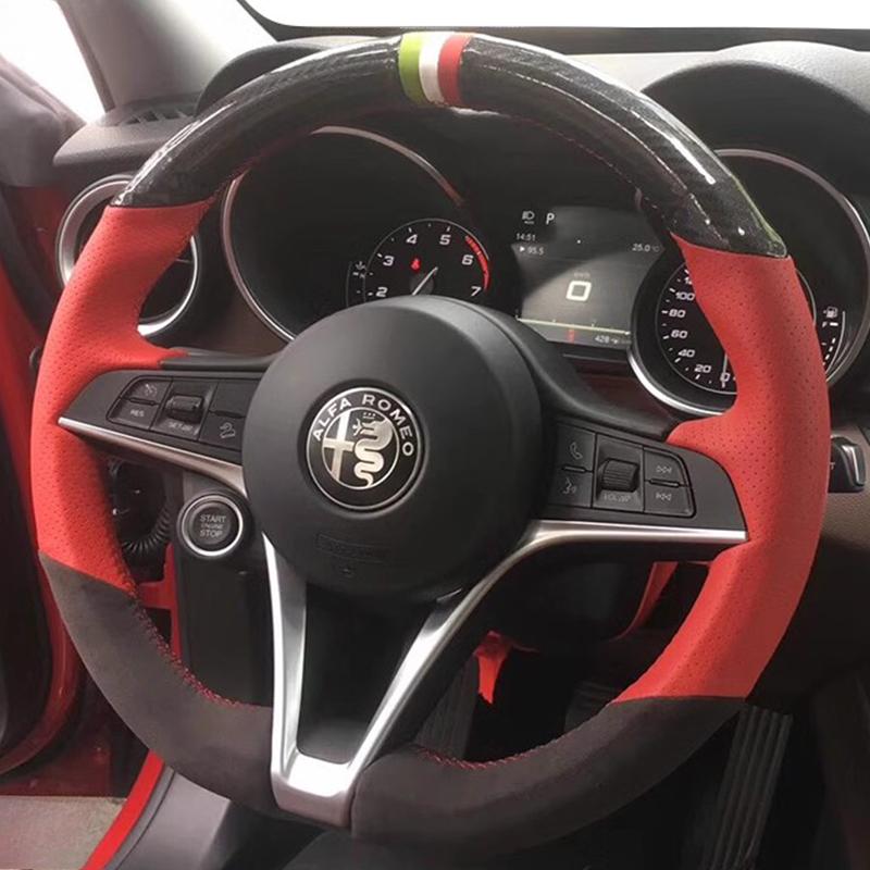 IMKC9 Housse de volant de voiture en daim antidérapante cousue à la main Ajustement parfait à 100 % pour Alfa Romeo Giulia 2016-2019 Stelvio 2017 Pièces automobiles