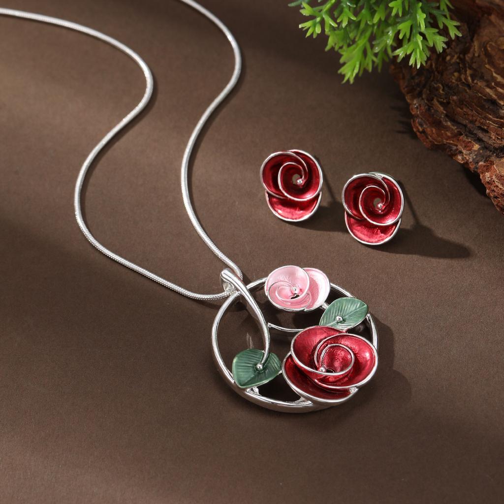 New Enamel Color Hollow Geometric Rose Stud Earrings Pendant Set Women's Fashion Rose Necklace