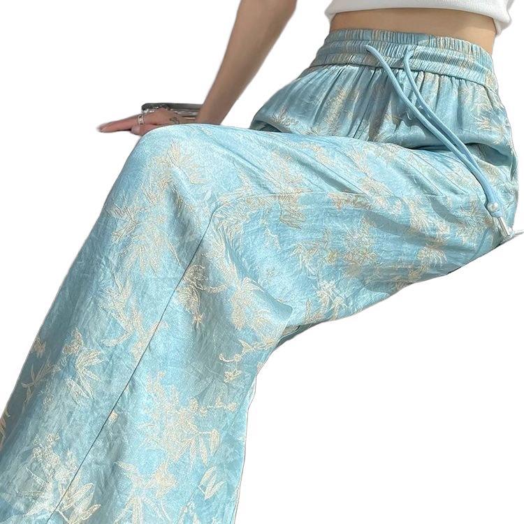 Pantaloni Larghi in Seta di Ghiaccio da Donna Estivi Sottili Vita Alta Satinati Stampati Gamba Dritta