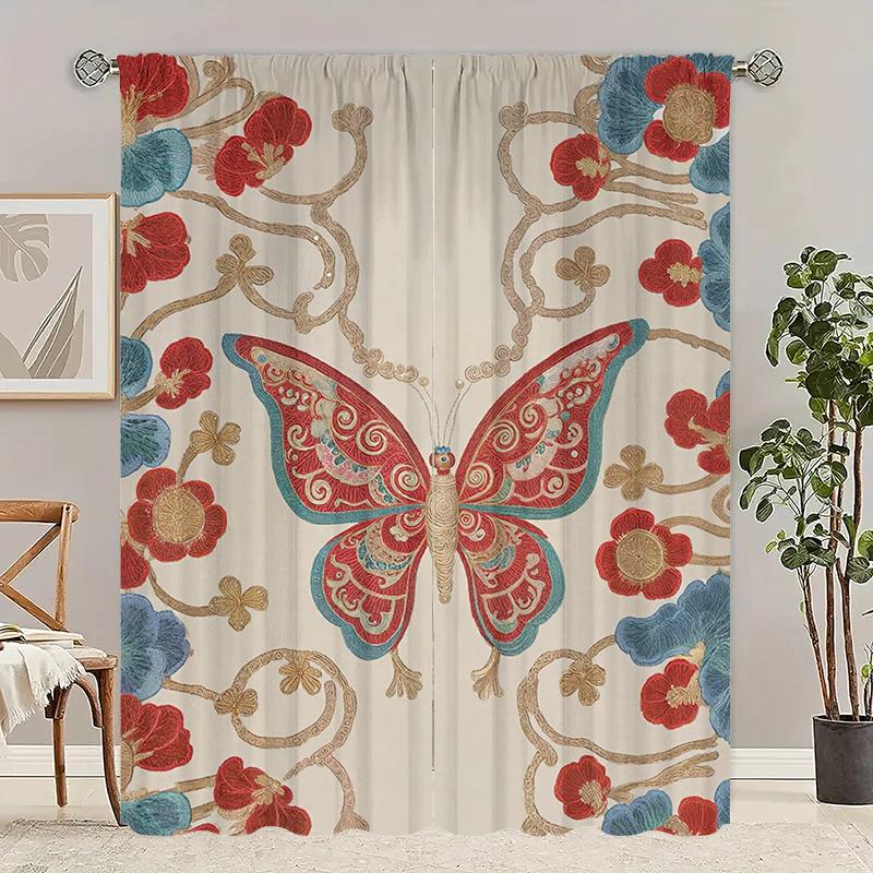 

2pcs- Bohemian-style butterfly polyester curtains, 42*84 bar bag curtains, bedroom, living room, home room, party decoration 29Wx64L(75x166CM)x2