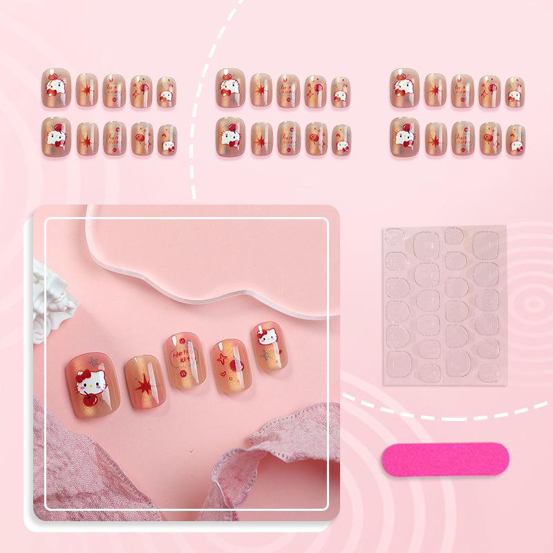 

High-Quality Cat Eye Press-On Nail Set: Cute Heart Bow & Glass Beads, 30 Sweet Kitten Nail Tips