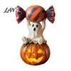 Whimsical Ghost Statue Halloween Figurine, Cute Sitting on Pumpkin Holding Candy Souvenir Gift Statue, Spooky Resin Table Ornament for Indoor