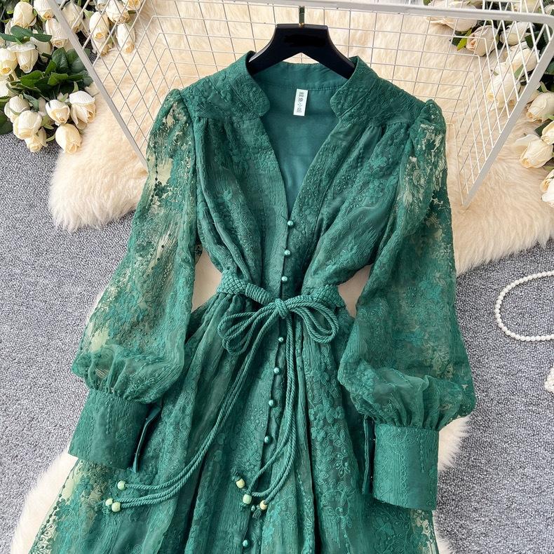France Vintage Embroidery Formal Dresses Women Summer Autumn Lantern Long Sleeve Lace Pearl Prom Evening Birthday Party Dress