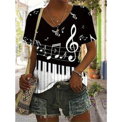Music Note Print T-shirt, Short Sleeve V Neck Leisure T-shirt for Spring & Summer, Women's Clothing
