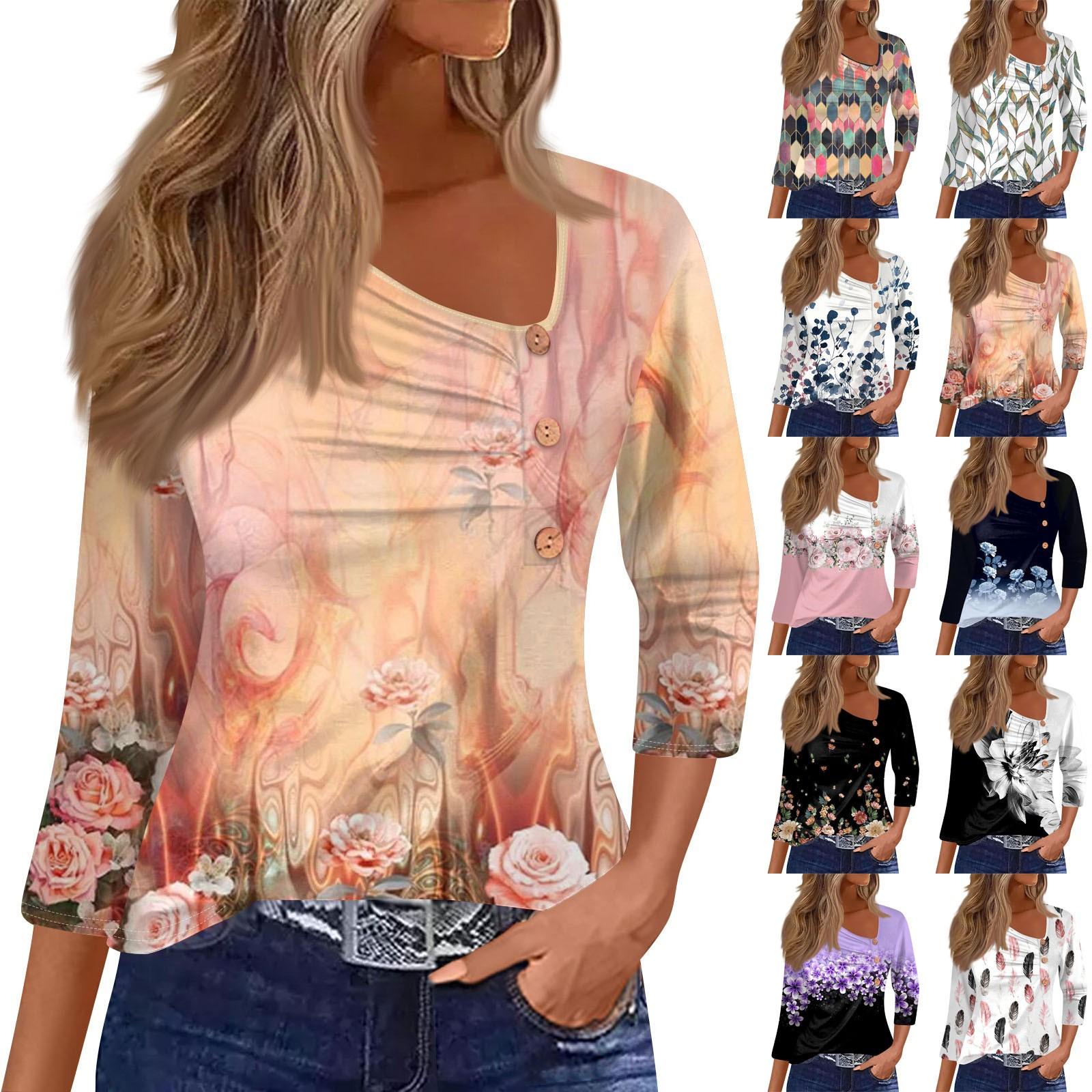 

Жен. Футболка Футболка С принтом Пуговицы Рукав 3/4 Повседневные Выходные Мода Классический Классический Верх