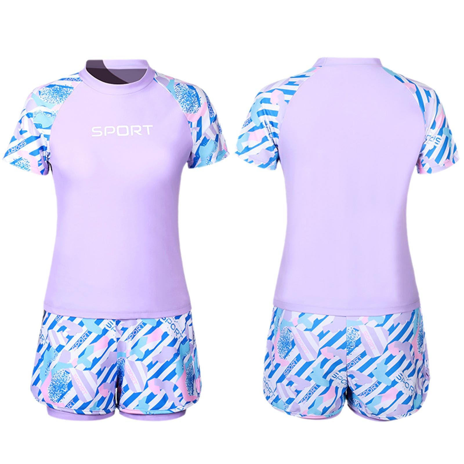 

Дівчачий купальний набір з двох частин Смугастий купальний топ з круглим вирізом та коротким рукавом Шорти на кулісці Тренувальний купальник фіолетовий