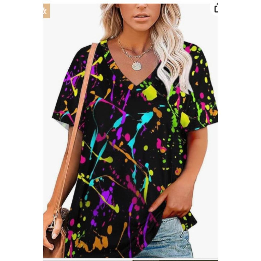 Summer V-neck 3D Colorful Splash Printed T-shirts Fashionable Casual Short Sleeved Women's T-shirts