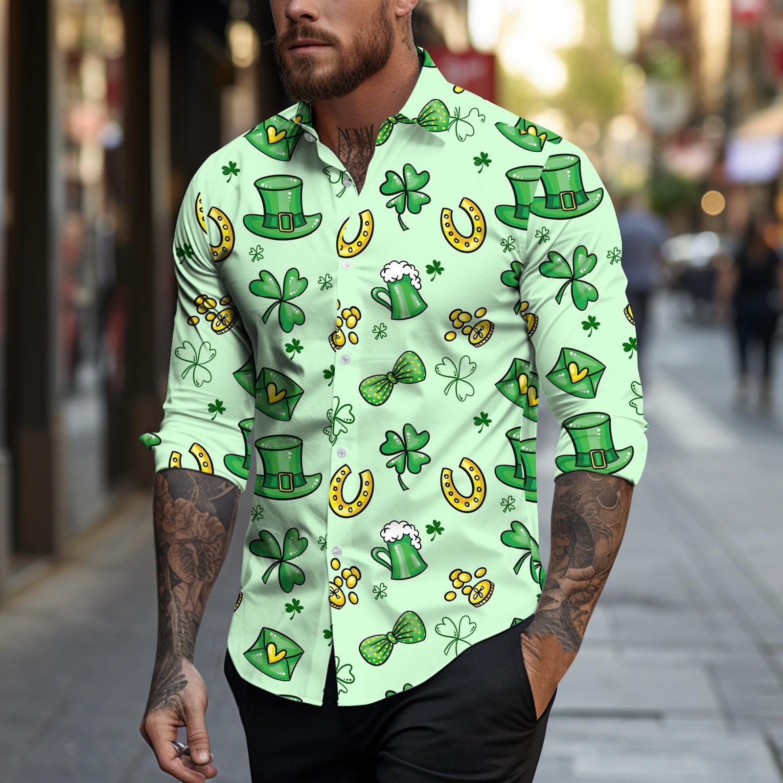 

Чоловічі весна-літо повсякденні St. Чоловіча сорочка з довгим рукавом і принтом до Дня Патріка XL