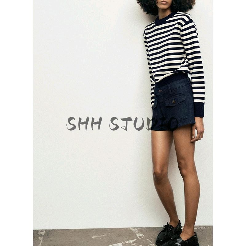 Spring New Women's Clothing Retro Crew Neck Long Sleeves Stripes Casual Short Sports Knitwear 5536009