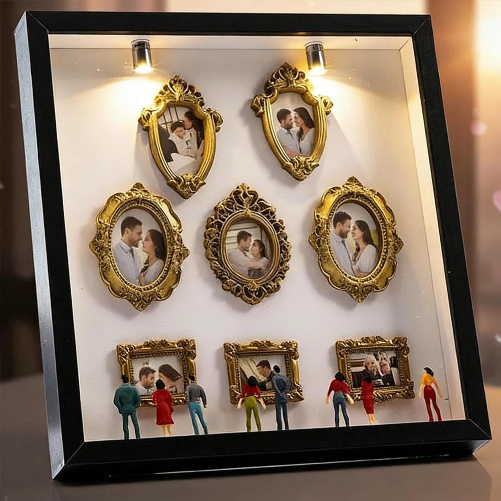 DIY Mini Muzeum Pudełko z Sylwetkami Kreatywny Zestaw do Prezentacji Wspomnień z Mini Figurkami Złote Ramki, na Rocznicę Ślubu