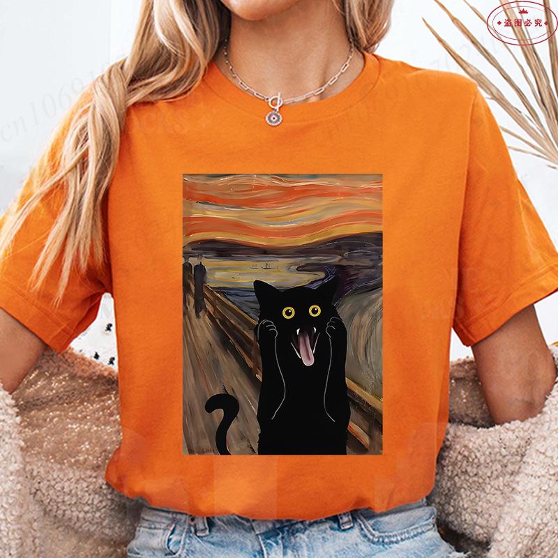 

Scared Cat Print Clothes Crew Neck Unisex Womens Tshirt Casual Short Sleeve Top for Summer Y2k Top Fashion Womens Tee Clothing 4XL