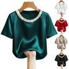 Damen T-Shirt Rundhals Satin Stoff T-Shirt mit Handgenähten Imitationsperlen Kurze Ärmel Lockerer Schnitt Lässige Oberteile