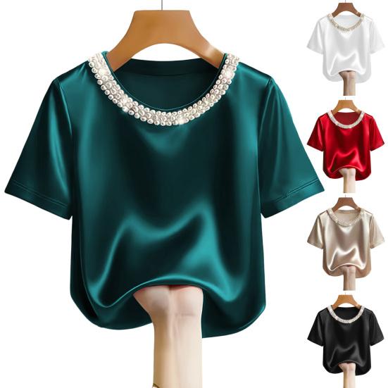 Damen T-Shirt Rundhals Satin Stoff T-Shirt mit Handgenähten Imitationsperlen Kurze Ärmel Lockerer Schnitt Lässige Oberteile