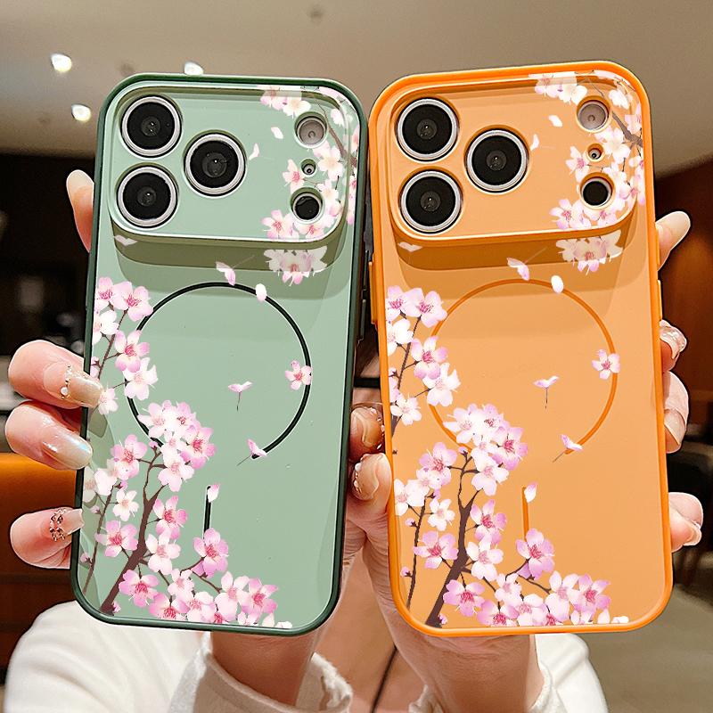 Pink Peach Blossoms Floral Pattern For iPhone 17 Pro Max Funda iPhone 16 15 14 13 Pro Max Skin Feeling Magnetic For Magsafe Shockproof Bumper Cover